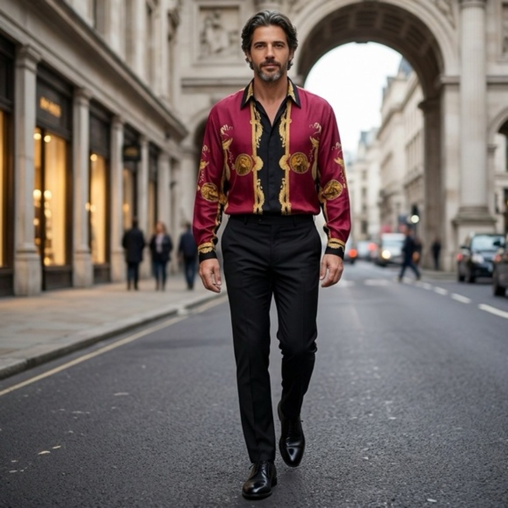Vintage 90s Joey Richi Silk Shirt Baroque Horses Sinaloa Red Gold Mens M
